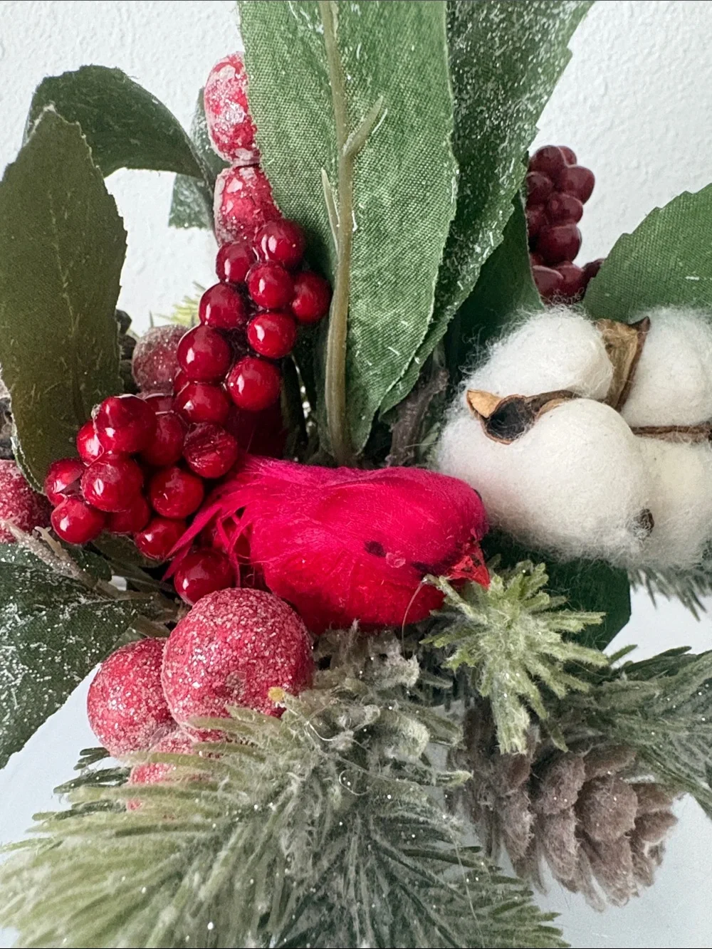 Holiday Pine and Berry Table Centerpiece - Green & Red 8 1-2” t